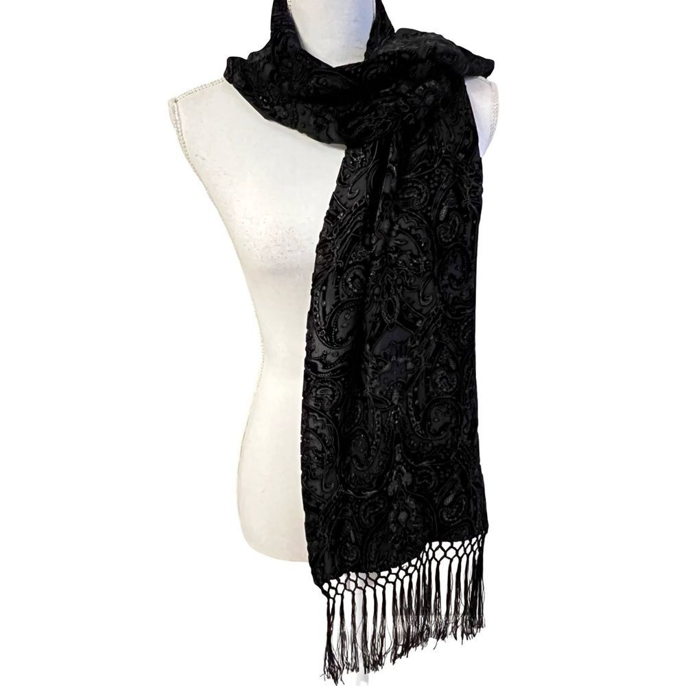 August Max Womens Black Velvet Burnout Cardigan Sz 1X Scarf Boho Gothic Evening - Picture 4 of 11